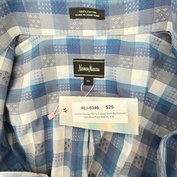 Neiman Marcus Men's Casual Shirt Button Up Light Blue Plaid - Picture 3 of 5